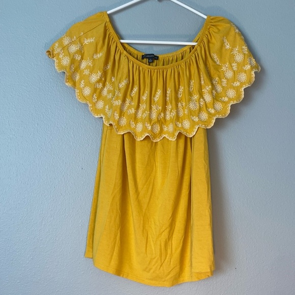 Adrianna Papell Yellow Flutter Sleeve Blouse with Ruffled Smocked Details - Picture 1 of 5